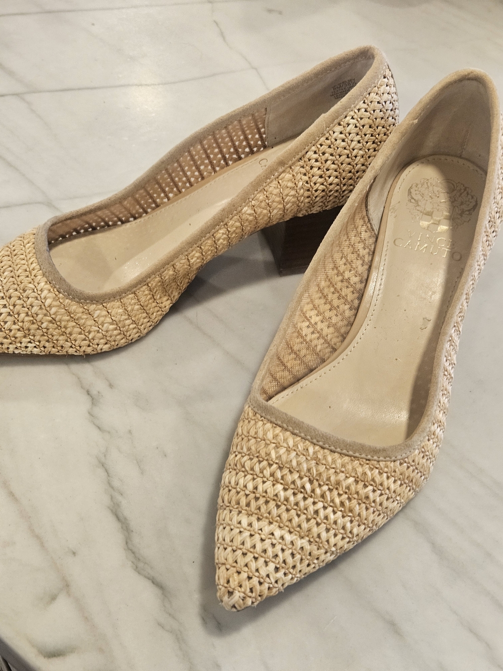 Vince Camuto Woven Raffia Pointed-Toe Block Heel Pumps - Size 8